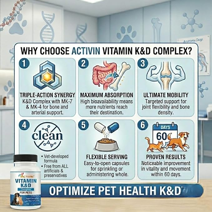 Vitamins K and D Complex K1 & K2 (MK4 & MK7) + Vitamin D3, Help Maintain Strong Bones | Promote Healthy Heart | Boost Immune System | Support Muscle Function for Pets |120 Capsules.