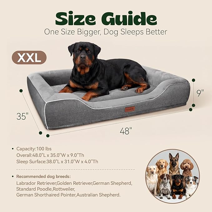 Cooling Orthopedic Dog Bed for Extra Large Dogs,Removable Washable Cover,Gel Memory Foam & Egg Crate Foam,Waterproof Joint Pain Relief 48"x30"x9.0",Dark Grey