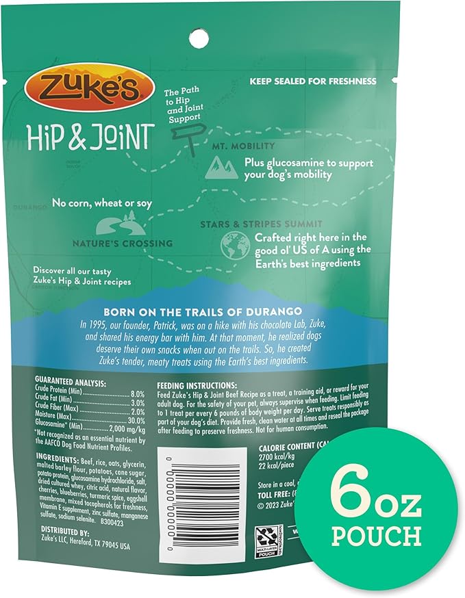 Zuke’s Hip and Joint Support Dog Treats for Adult Dogs of All Sizes, Senior Dog Treats made with Real Beef, 16 oz. Resealable Pouch - 6 oz. Bag