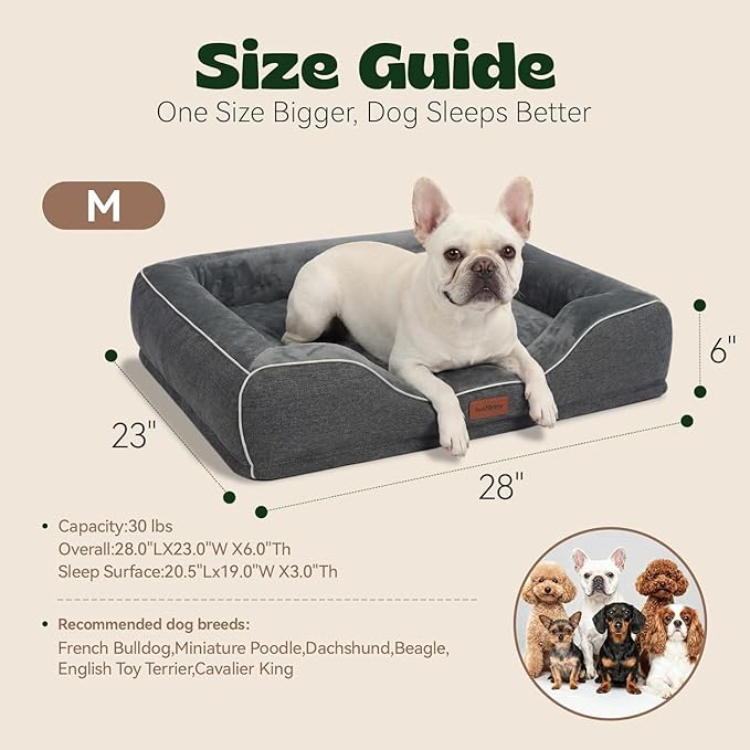 Memory Foam Dog Beds Medium Sized Dog with Removable Bolsters & Washable Cover,Orthopedic Pet Beds Eggshell Foam Infused with Cooling Gel Waterproof Relieves Joint Pain,28"x23"x6.5"Dark Grey