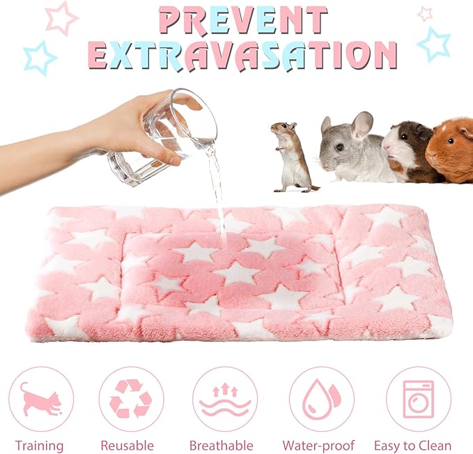 Haull 4 Pcs Waterproof Guinea Pig Bedding Guinea Pig Bed Plush Cage Liners Soft Rabbit Dog Crate Pad Cat Mat Reversible Cozy Animal Pee Pad Hamster Bunny Mat Accessory(Cute Star,13 x 10 Inch)