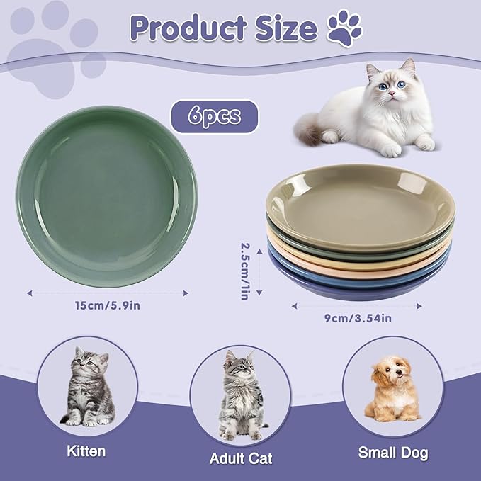 6 Pack Cat Food Bowl, Ceramic Cat Bowls, Anti Whisker Fatigue Cats Bowl Set,5.5 Inches Shallow Wide Kitten Plates for Food and Water (CaiSe-B)
