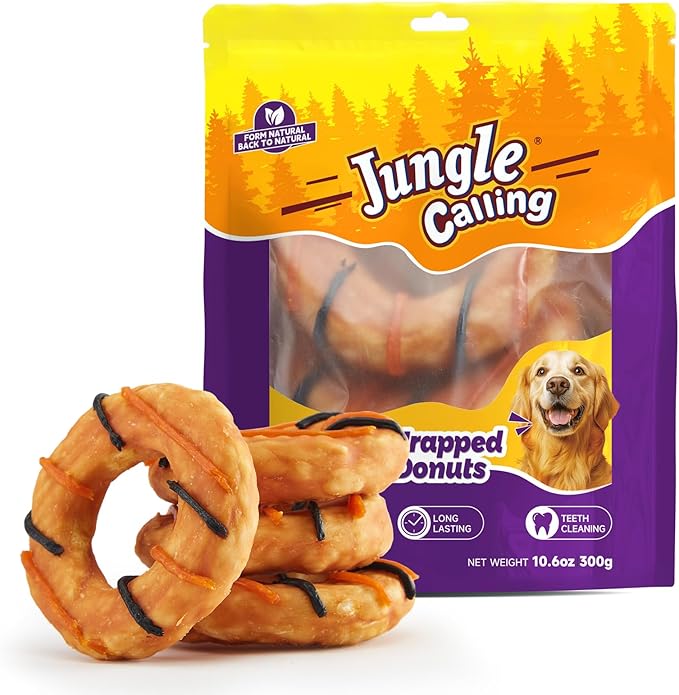 Jungle Calling Dog Treats, Long Lasting Collagen Chews for Dogs, Chicken Wrapped Collagen Donuts, High Protein Rawhide Alternative Chewy Snacks for Medium and Large Dogs (4 Count)