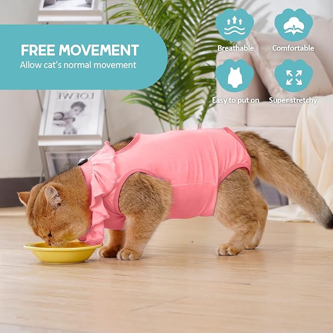 Avont Cat Recovery Suit - Kitten Onesie for Cats After Surgery, Cone of Shame Alternative Surgical Spay Suit with Ruffles for Female Cat, Post-Surgery or Skin Diseases Protection -Pink (L)
