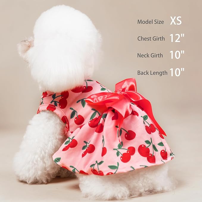 PUPTECK Print Dog Dress Pet Apparel with Cute Bowtie Puppy Clothes Outfit, Cherry, M