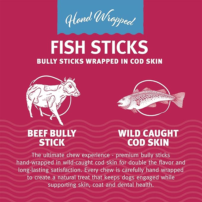 Icelandic+ Fish Sticks - Bully Stick Wrapped in Cod Skin - 3 Pack, 12" - Dog Treats, 2 Ingredient Chews, Hand-Wrapped Wild-Caught Fish, Pet Snacks