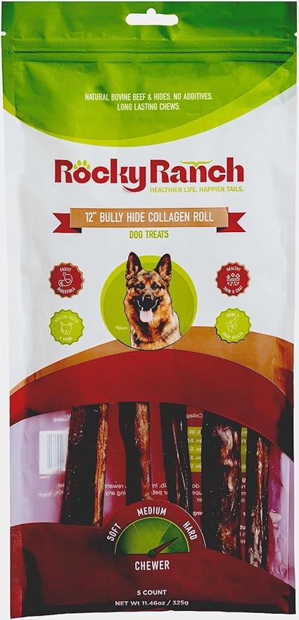 Rocky Ranch, 12" Dog Bully Hide Collagen Roll, Beef Flavor, 11.16 oz, Adult Dog, Natural Chew Treats, Dental Care, High Protein. 5 Count. No additives