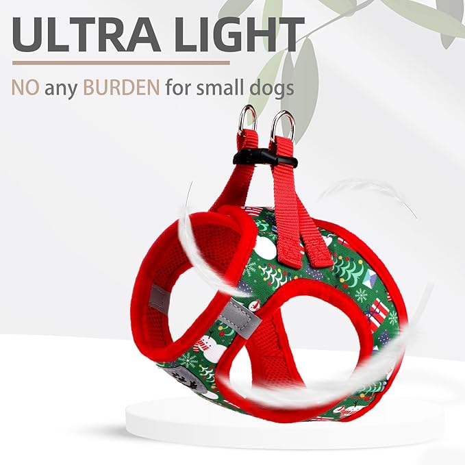PUPTECK Adjustable Dog Harness Collar and Leash Set Step in No Pull Pet Harness for Small Medium Dogs Puppy and Cats Outdoor Walking Running, Soft Mesh Padded Reflective Vest Harnesses, Christmas, S
