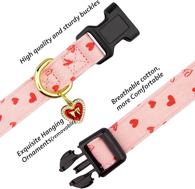 Cotton Handmade Dog Collar Cute and Distinctive Patterns Pink Heart with Pendant for Girl Boy Dogs Collars L