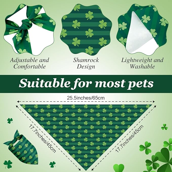 Shyyween 100 Pcs St Patricks Day Bandanas Bulk for Dogs Adjustable Irish Shamrocks Clover Green Plaid Triangle Soft Bibs Puppy Bandana for Small Medium Large Pet Costume(25.6 x 17.7 x 17.7 Inch)