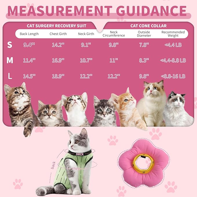 EMUST 2PCS Cat Recovery Suit and Cat Surgery Suit - Breathable Surgery Suit for Dogs, Adjustable Soft E Collar Alternative for Cats After Surgery - Green, L (8-16lb)