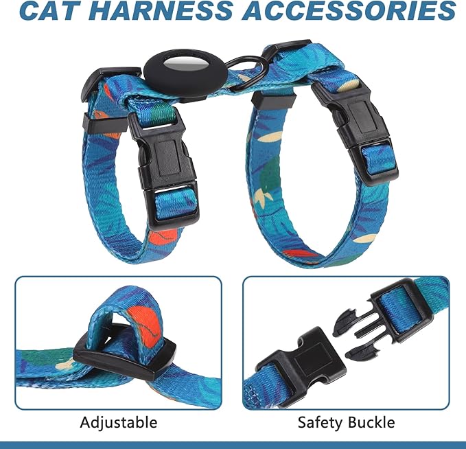 Cat Harness and Leash Set with Airtag Holder for Walking & Travelling, Escape Proof Cat Harness for Small Medium Large Kitten, Adjustable Lightweight Soft Cat Vests(Green Print)