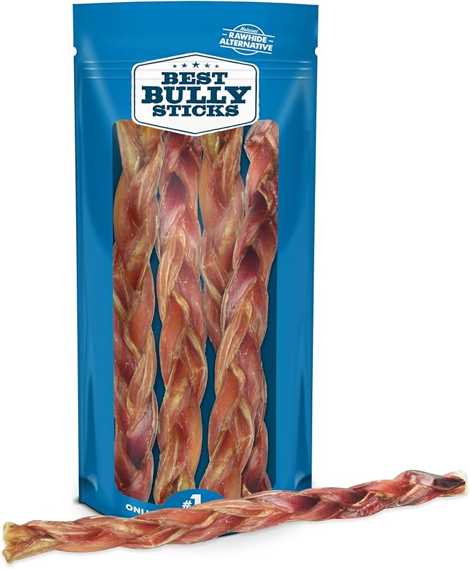 Best Bully Sticks Natural XL Braided Bully Sticks for Large Dogs - 12 Inch, 4 Count (Pack of 1) - 100% Free-Range Grass-Fed Beef, Single-Ingredient, Grain and Rawhide Free Long Lasting Dog Chews