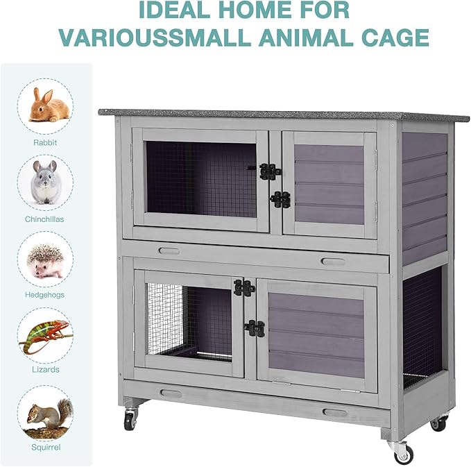 Suumerpety 2-Tier Wooden Rabbit Hutch Indoor Bunny House Guinea Pig Cage with Sliding Plastic Trays Wheels for Easy Cleaning Ventilation Design and Mobility, 36 Inch Small Animal Home (Grey, M)