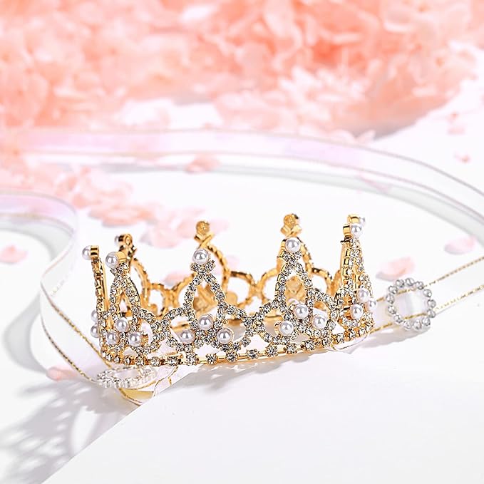 Lovelyshop Pet Series Gold Plated Royal Rhinestone Pearl Full Round Dog/Cat Crown for Rolyal Family Costume Hair Accessories-Small Size