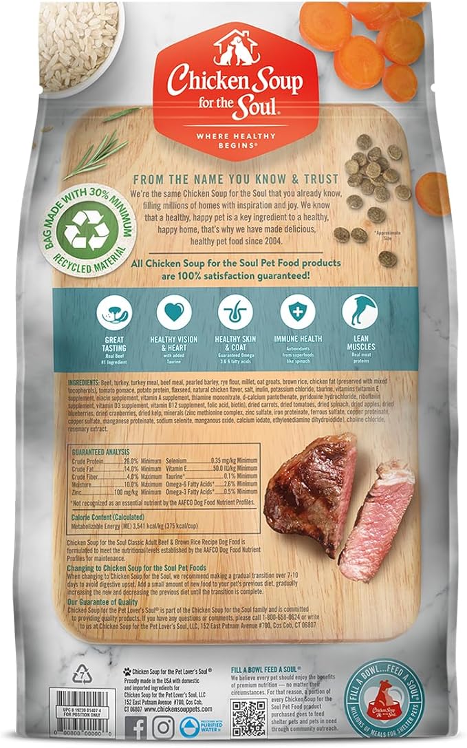 Chicken Soup for the Soul All Natural Premium Adult Dry Dog Food, Real Meat First Ingredient, No By-Products, Supports Gut & Immune Health, Beef & Brown Rice, 28lb