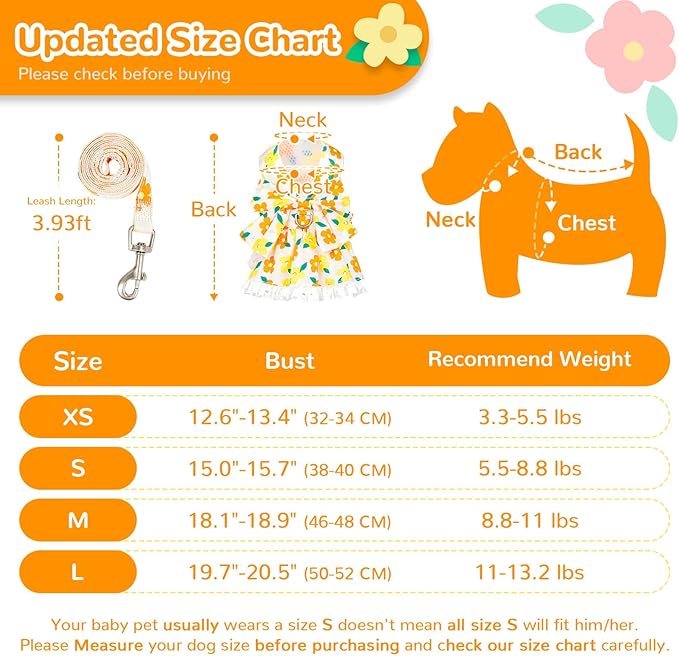 ABRRLO Dog Harness Dress Leash Set for Small Dog Summer Clothes Girl Female Puppy Cats Outfits Cute Floral Bowknot Princess Birthday Dress for Extra Small Pet Doggie Kitten Outfits Apparel(Yellow,XS)