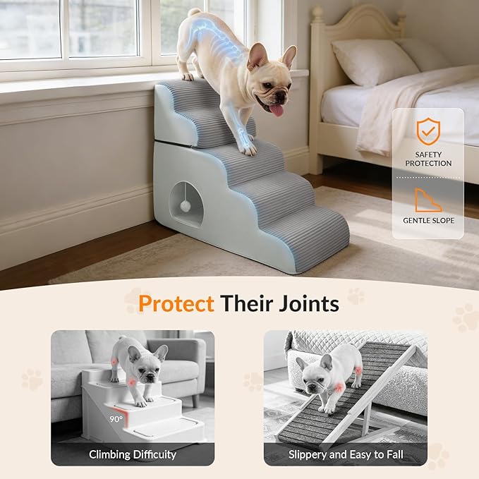 Dog Stairs for High Beds Up to 30" H with Tunnel,Extra Height 27.5" 5-Step Pet Steps for Small Dogs and Cats, Non-Slip Sturdy Dog Ramp with Anti-Tip Safety Strap and Removable Cover