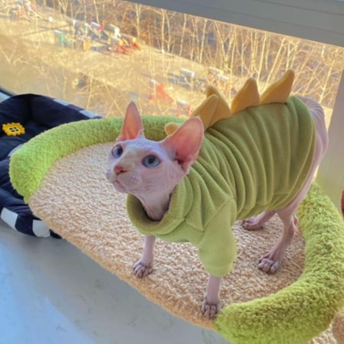 Dinosaur Sphynx Cat Clothes, Soft Polar Fleece Sweater for Cat, Elastic Pet Clothes Thick Winter Warm Outfit for Hairless Cat, Devon, Cornish, Small Dogs Apparel with Sleeves (Green, Medium)