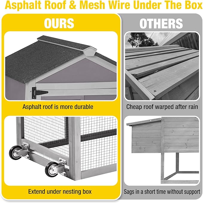 80.5’’ Outdoor Chicken Coop, Mobile Chicken Tractor with Wheels, Large Poultry Hen Cage with Nesting Box, Waterproof Roof and Sliding Out Tray, Wooden Chicken House for 2-4 Chickens