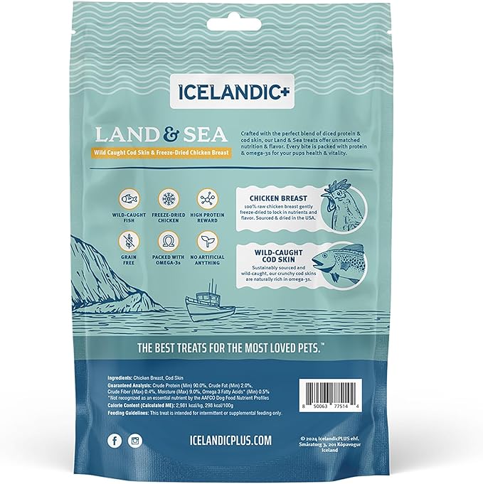 Icelandic+ Land & Sea Wild Caught Cod Skin & Freeze-Dried Chicken Breast - 2.4oz Bag, Dog Treat & Food Topper, 2 Ingredient, No Preservatives, Natural