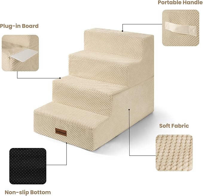 Aodisman Dog Stairs for Bed 18.5" H, 4-Step Dog Steps for Small Dogs and Cats, Indoor Non-Slip Balanced Pet Stairs are Suitable for Puppy, Older Cat,Beige