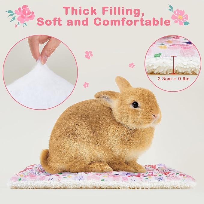 Glittme 2Pcs Bunny Bed Rabbit Bed for Indoor Cage Soft Guinea Pig Bed Fleece Mat Pad Warm Small Animal Bedding Accessories for Hamster Ferret Washable Non-Slip Rabbit Hide House Liner