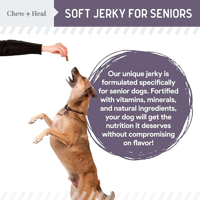 Chew + Heal Labs Seniors Soft Jerky Salmon Dog Treats - 12 oz of Omega Jerky - Dog Joint Supplement with Wild Alaskan Salmon and Turmeric - Made in the USA
