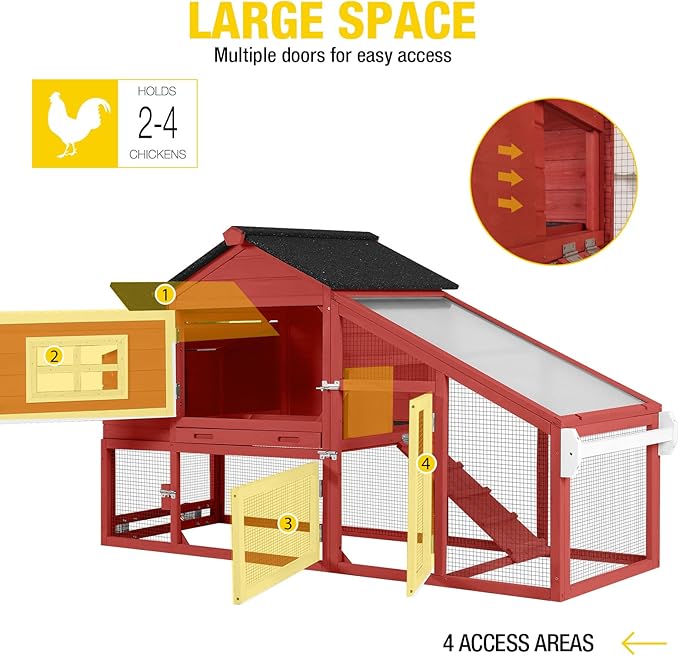 Wooden Chicken Coop, Large Chicken Tractor with Wheels, Weatherproof Hen House with Nest Box and Removable Tray, Mobile Poultry Hutch for 2-4 Chickens, Rabbits & Ducks (Red)