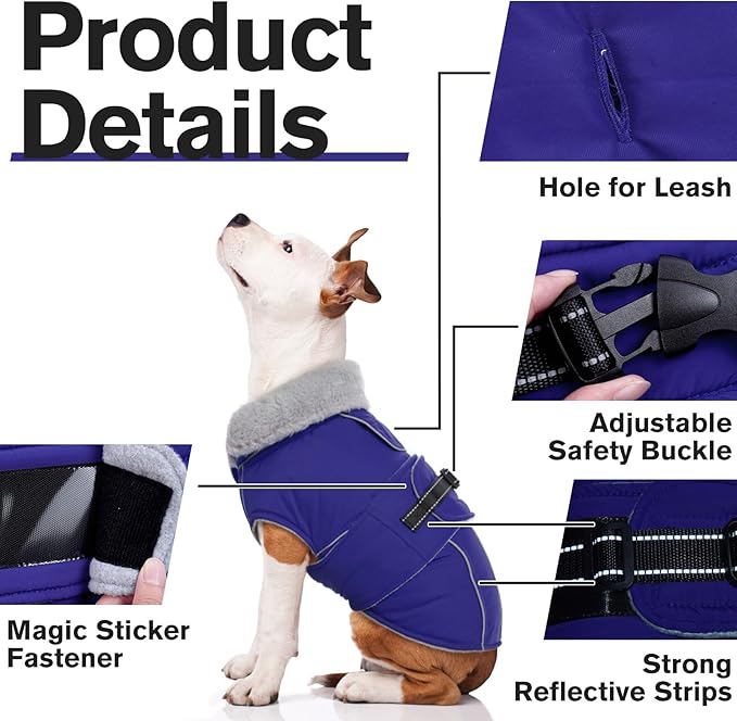Lelepet Warm Dog Winter Coat Waterproof Dog Jacket with Adjustable Buckle & Leash Hole Reflective Pet Fleece Snowsuit Turtleneck Windproof Cold Weather Coats, Blue, XL