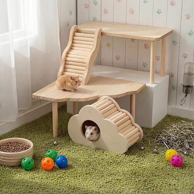 BreezeHug 4 Pcs Hamster Platform Hideout Wooden Tunnel Ladder Playhouse Hamster Game Climbing Toy with Platform Cage Accessories for Small Pets Dwarf Syrian Mice Degus Gerbils Squirrel(Cloud)