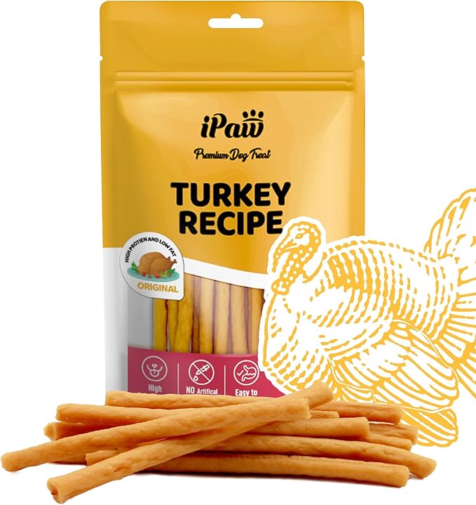 iPaw Turkey Dog Treats, All Natural Human Grade Dog Treat, Suitable for Training chew, Hypoallergenic, Rawhide Alternative, Thin Stick (Original Flavor)