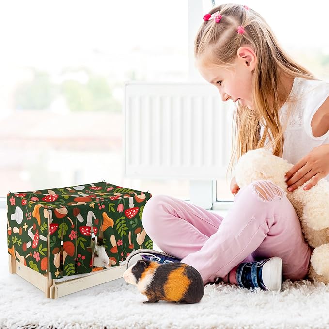Glittme Guinea Pig Hideout, Wooden Guinea Pig Bed with Waterproof Mat, Durable Rabbit Bed with Door Curtain for Guinea Pig, Rabbit, Ferret, Squirrel, Bunny