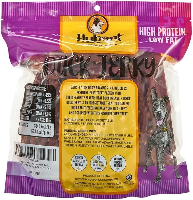 Hubert Pet Premium Duck Jerky Dog Treats, Grain Free, Low Ingredient, USA Tested, 2.5 lbs Super Value Pack