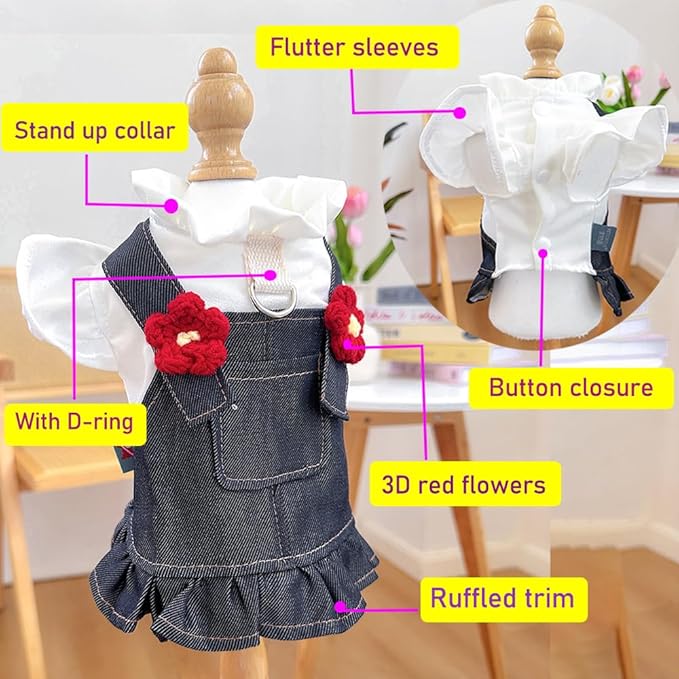 ANIAC Denim Small Puppy Dress 3D Flowers Girl Dog Clothes with D-Ring and Pocket Female Cat Harness Dresses Cute Shih Tzu Yorkies Chihuahua Outfits Summer Pet Clothing (Large)