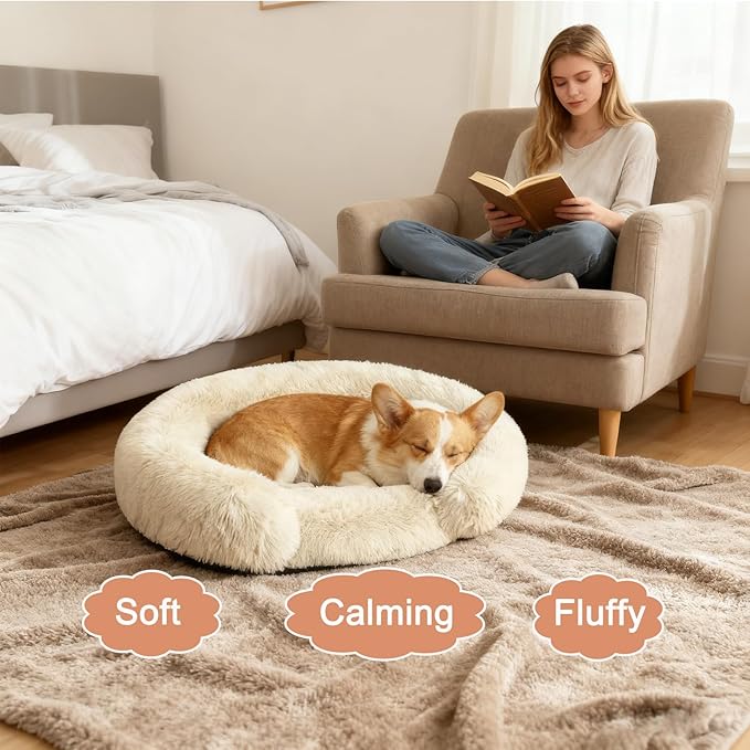 Calming Dog Bed for Small Medium Dogs, Anti-Anxiety Donut Washable Puppy Bed Orthopedic Cushion, Soft Fluffy Faux Fur Plush Warming Cozy Cat Bed, Fits up to 25 lbs Pets (Round, Beige 23")