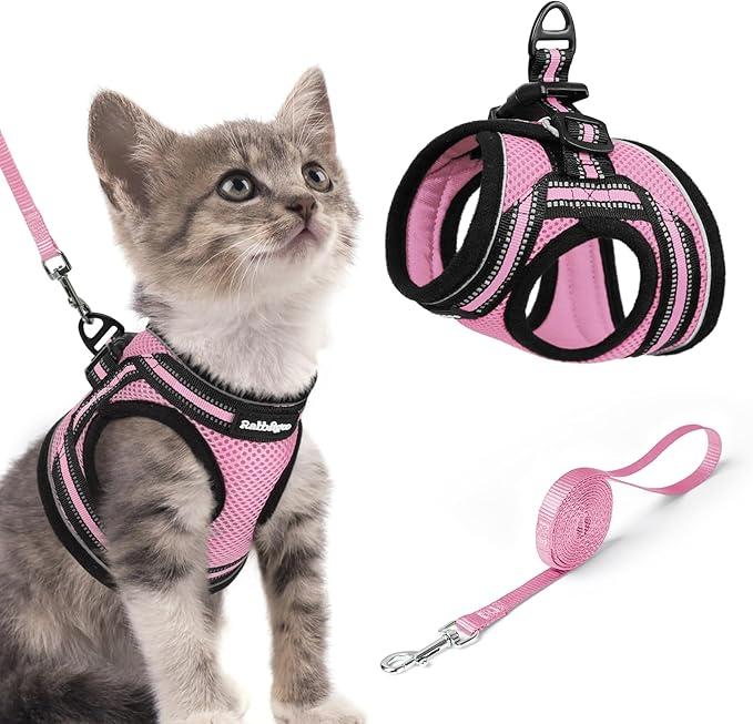 rabbitgoo Cat Harness and Leash Set for Walking Escape Proof, Adjustable Soft Kittens Vest with Reflective Strip for Cats, Comfortable Outdoor Vest, Pink, S
