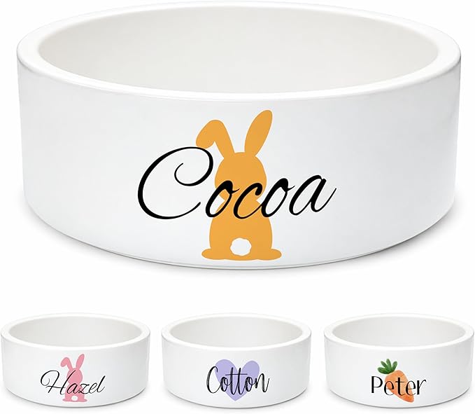 Custom Rabbit Bowl | Personalized Food & Water Dish with Name | Microwave & Dishwasher Safe Ceramic Pet Feeding Bowl | Gift Idea for New Bunny Owners | White – Large