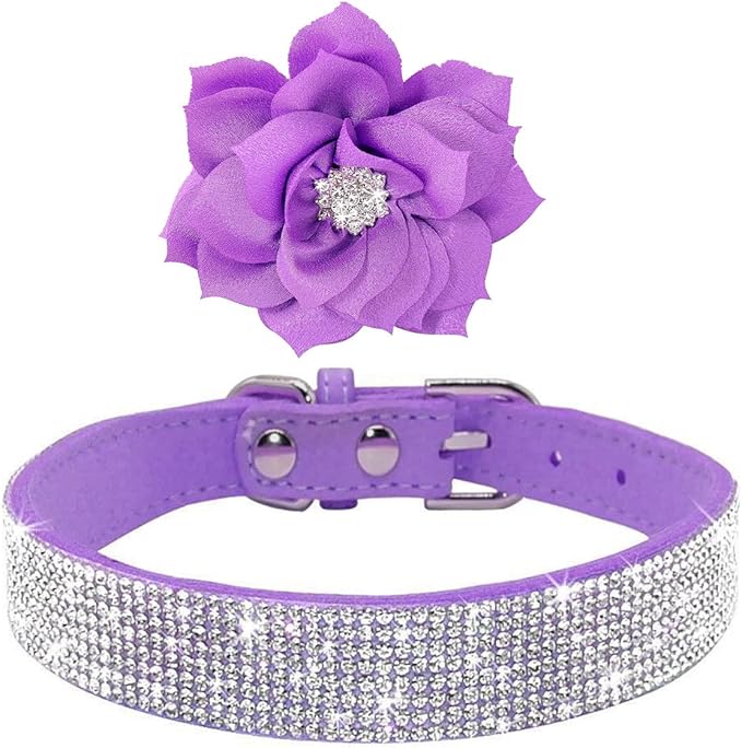 Cute Dazzling Sparkling Elegant Fancy Soft Suede Leather Bling Rhinestone Crystal Jeweled Pet Cat Dog Puppy Collar Dog Leash Combo Set (XS(Neck8-10), Purple-6)