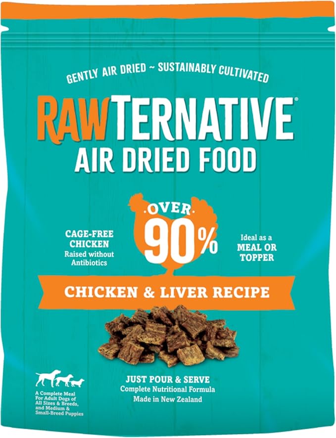 RawTernative Air Dried Dog Food, High Protein, Over 90% Real Chicken & Liver + New Zealand Green Mussels, Complete Meal or Topper, Grain Free, Gluten Free, Non GMO, (3 lb Bag)