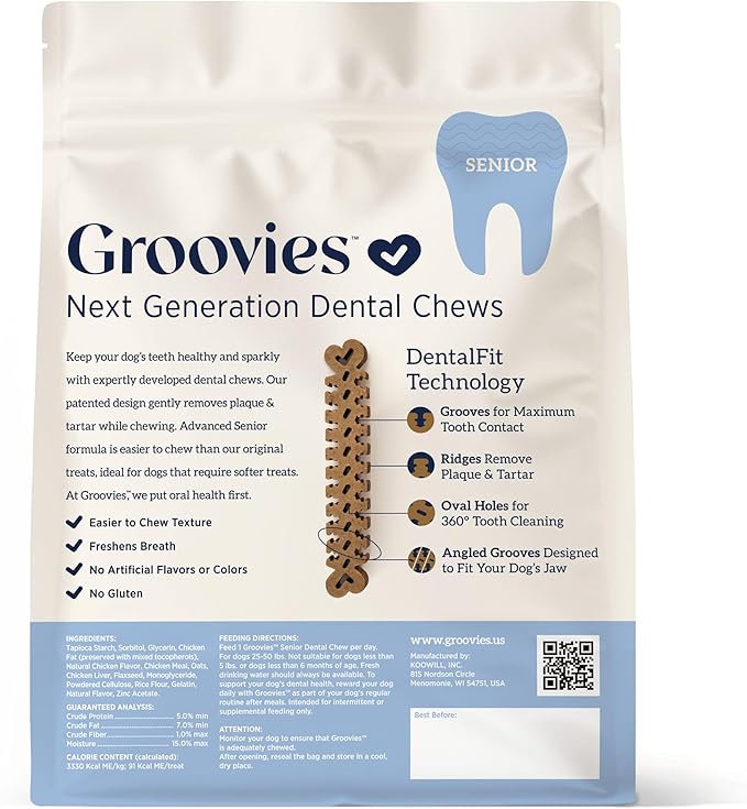 Groovies Senior Large Dog Dental Chews for Dogs, Patented DentalFit Technology for Plaque & Tartar Support, Flexible Texture for Easy Chewing, Chicken Flavor, USA Manufactured, 25–50 lb Dogs,27 Count