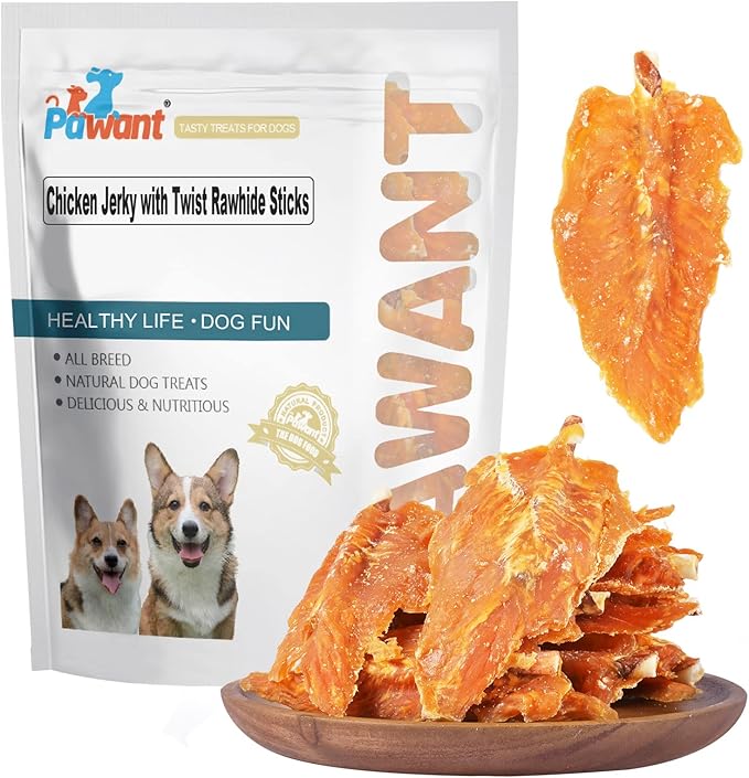 Chicken Jerky with Twist Rawhide Sticks for Dogs, 8 oz - High Protein Real Chicken Breast Dog Chews - Long Lasting Dental Care Treats for Puppies, Small and Medium Breeds, 4-4.5 Inch