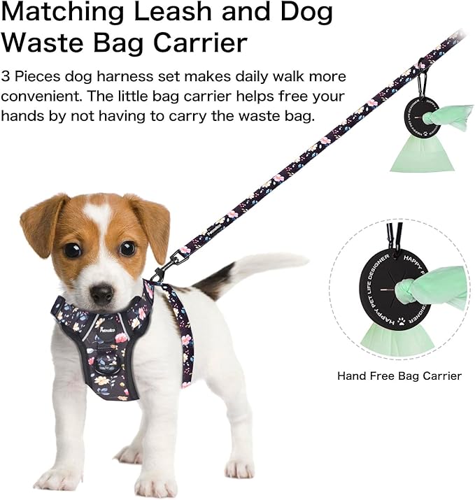 Petmolico Dog Harness for Small Dogs, Cute Harness Vest with Two Leash Clips and Soft Handle, Reflective Easy Walk Puppy Vest - Black Peach, Medium