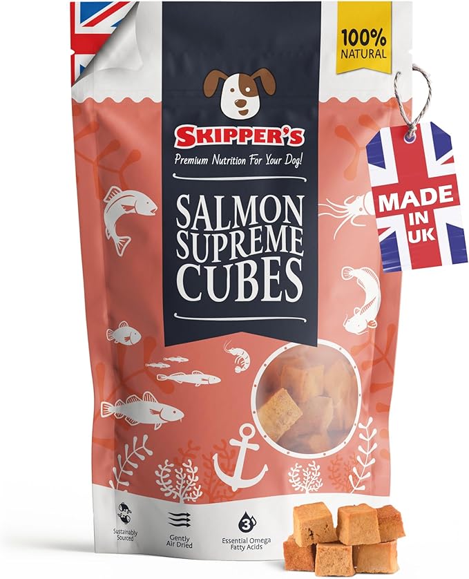 SKIPPER'S Salmon Skin Dog Treats - Gently Air Dried 100% Salmon Skin Treat Good for Cleaning Teeth, Essential Omega 3 Oils, Hypoallergenic (Salmon Supreme Cubes, 250 Grams)