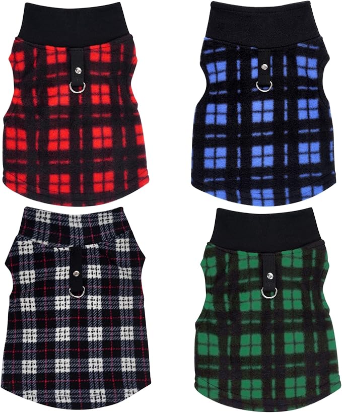 Rbenxia 4 Pieces Buffalo Plaid Dog Sweaters with Leash Ring Soft Fleece Vest Dog Pullover Warm Jacket Pet Dog Clothes Winter Dogs Outfits for Small Puppy Cat Pets (Small)