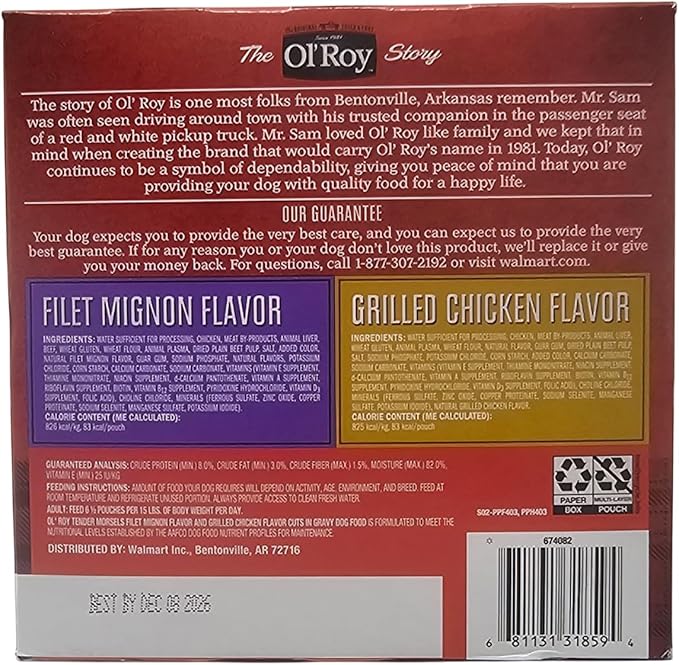 Ol' Roy Wet Dog Food Variety Pack Tender Morsels Filet Mignon and Grilled Chicken, 3.5oz Pouch (8 Count)