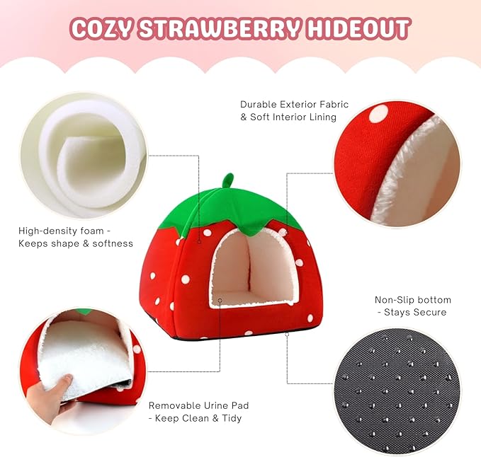 Rabbit Hideout, Washable Bunny Bed with Removable Pee Pad, Plush Indoor Rabbit House, Adorable Strawberry Design Small Animal Hideaway for Guinea Pig, Red