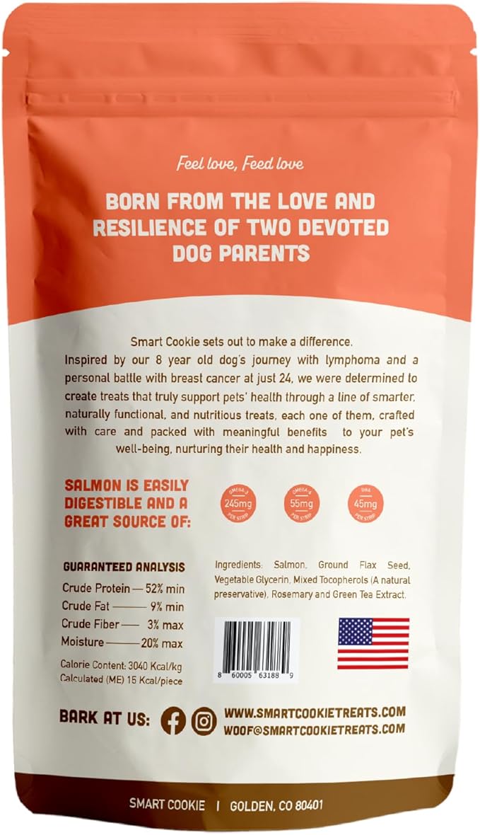 Smart Cookie Salmon Jerky Dog Treats - DHA & Omega Strips for Dogs & Puppies with Allergies, Sensitive Stomachs with Wild Caught Alaskan Salmon- Dehydrated, Grain Free, Made in USA - 3oz Bag Pack of 1