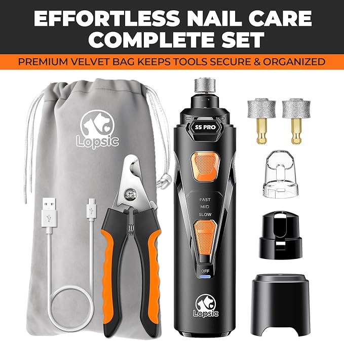 Whisper Quiet Dog Nail Grinder with LED Light, Safe & Stress-Free for Sensitive Dogs of All Breeds & Sizes, 3 Grinding Bits, 3-Speed, Pet Nail Trimmers, Rechargeable Painless Grooming Kit