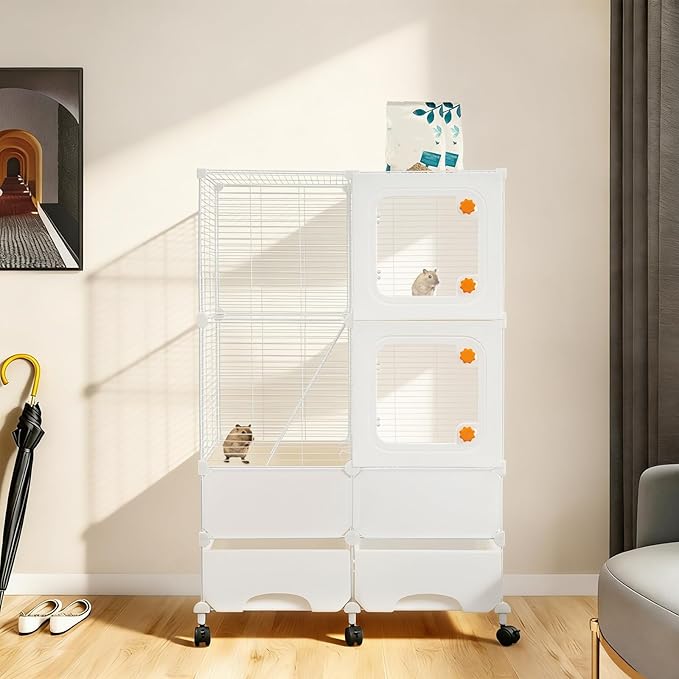 Small Animal Cage, Guinea Pig Cages with Rolling, Durable Front Doors, Chinchilla Cage with Scoop for Rat, Hamster, Guinea Pig, Squirrel (White, 45.3in)